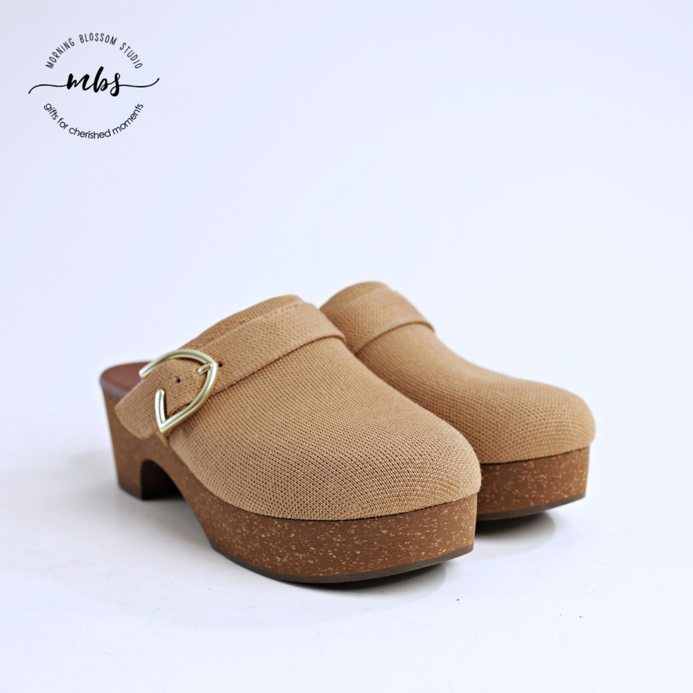 Rothy's Tan Canvas Clog Mules with Gold Buckle - Picture 9 of 14